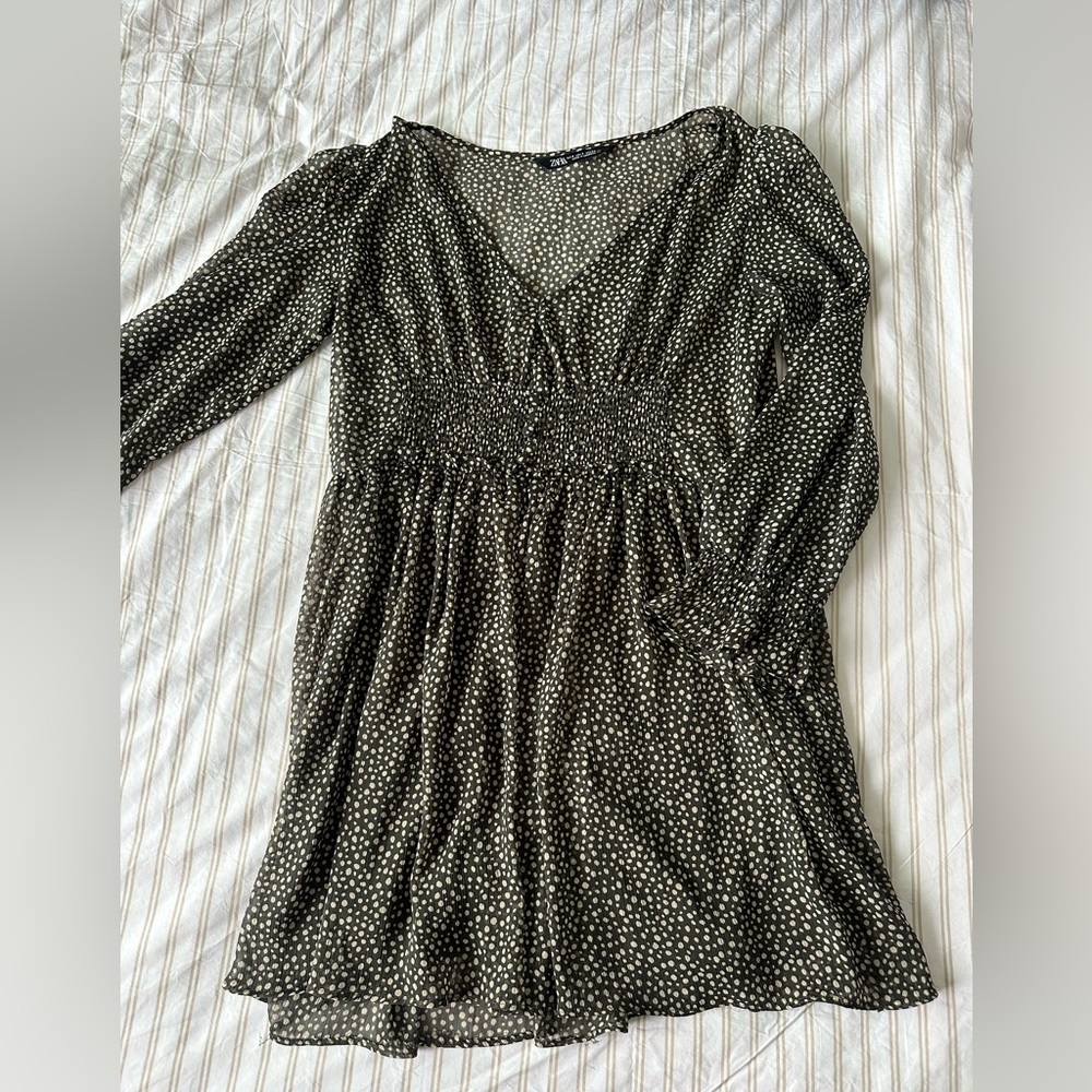 Zara Black Polka Dot V-Neck Long Sleeve Dress